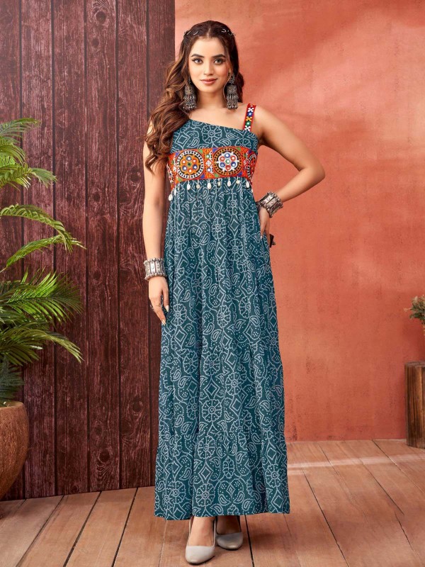 Stone Blue Blooming Faux Georgette Readymade Gown